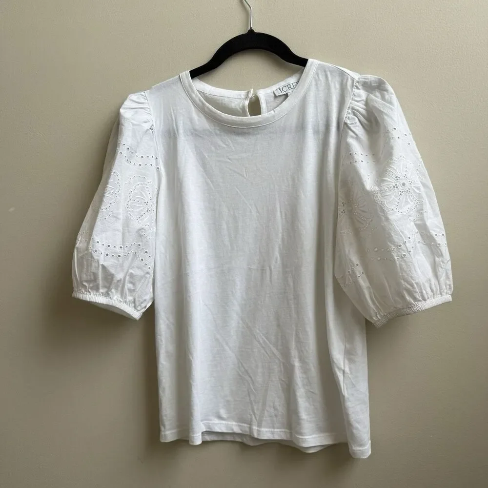 J Crew Cotton Short Puff Sleeve Top Tee Shirt Blouse Eyelet White Boho XS